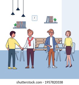 Business staff talking and working at the computers and chart in meeting room. flat illustration vector design