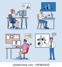 Business staff talking and working at the computers and chart in meeting room. flat illustration vector design