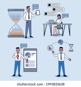 El personal de negocios habla y trabaja en las computadoras y grafica en la sala de reuniones. diseño vectorial de ilustración plana