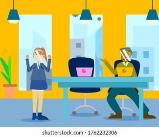 Vector de personal de negocios hablando en la oficina espaciando el trabajo. Trabajo de espaciado de negocios. Trabajo de estilo de vida Espaciado social