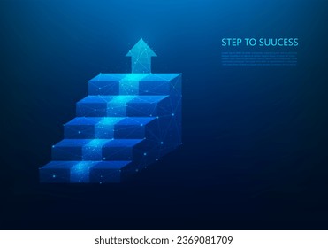 business stair step to target goal digital technology. isometric staircase and arrow up. vector illustration fantastic low poly wireframe design.