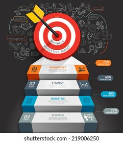 Business staircase conceptual infographics. Target with arrow and doodles icons. Can be used for workflow layout, banner, diagram, web design, infographic template.