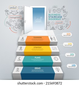 Business staircase doorway conceptual infographics. Vector illustration. Can be used for workflow layout, banner, number options, step up options, web design, diagram.