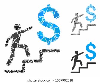 Business stairs composition of ragged pieces in different sizes and color tints, based on business stairs icon. Vector ragged pieces are grouped into mosaic.