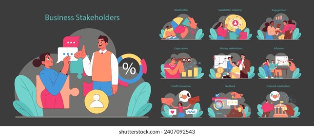 Business stakeholders set. Diverse group collaborating on company goals. Strategy discussions, performance metrics, and team synergy. Flat vector illustration.