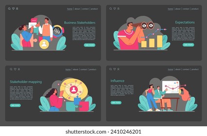 Business stakeholders set. Visualizing stakeholder interaction, expectation analysis, and influence mapping. Effective team collaboration for strategic goals. Flat vector illustration.