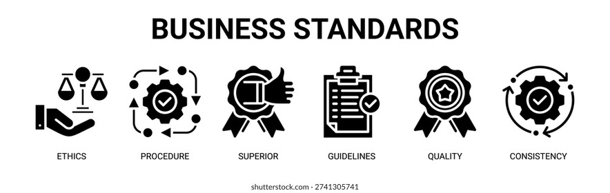 Business Standards web banner icon vector illustration concept with icons of ethics, procedure, superior, guidelines, quality, and consistency.