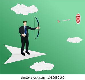 Business standing on paper plane and archery arrow to center target , success concept