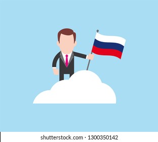 Business standing on top of cloud with Russian flag in hand