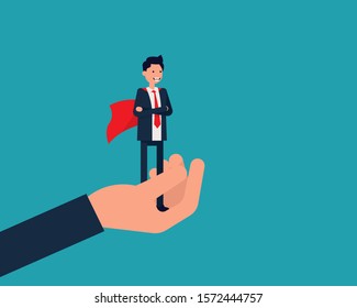 Business standing as super hero on human hand. Consulting and planning concept, Happy cartoon vector design