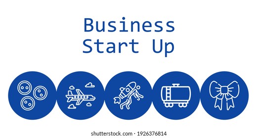 business start up background concept with business start up icons. Icons related fuel truck, buttons, startup, airplane, ribbon