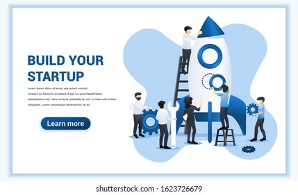 Business start up banner concept with people are working together building a rocket for launching new business. Boost your business. Flat vector illustration