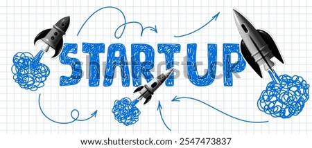 Business start up banner with launching rockets. Modern collage with halftone rockets. Startup lettering, arrows