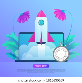 Plantilla de banner de inicio de negocio. Es hora de empezar. cohete espacial que sale de la pantalla del portátil con cronómetro. Concepto de optimización, fecha límite y puntualidad ilustración vectorial plana sobre fondo blanco