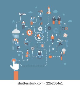 Business start button press flat design infographics process concept template vector banner illustration. Rocket launch from hand palm and business creation starting process connections.