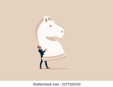 Business start up and career beginning. First step in startup of happy beginner. Person carrying chess piece, pawn.