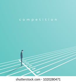 Business start and competition vector concept. Businessman on start of race track. Symbol of challenge, opportunity, career beginning. Eps10 vector illustration.