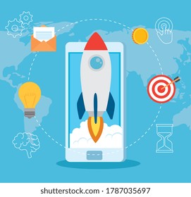concepto de inicio de negocio, banner, proceso de inicio de objeto de negocio, cohete con smartphone e iconos de negocios diseño de ilustración vectorial