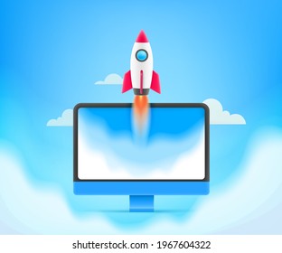 Business start up concept. Begin business vector illustration with rocket and computer