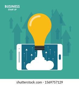 Business start up concept with bulb. Flat design vector illustration