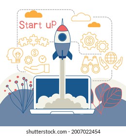 Business start up concept design with rocket soar out laptop, Rocket launch and icon symbol, Vector concept design illustration.

