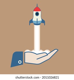 Business start up concept design with rocket taking off on hand,  Modern design, Vector illustration.
