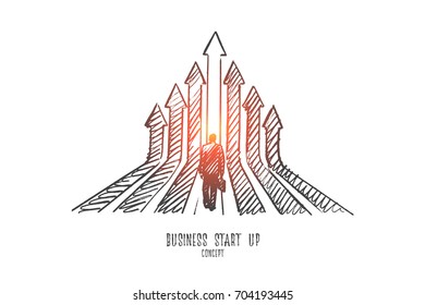 Business start up concept. Hand drawn man standing before start of new business. Businessman looking forward his new project isolated vector illustration.