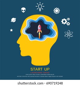 Business start up concept, Human head with brain and rocket launch, Creating a new idea background, Vector illustration Paper art style.