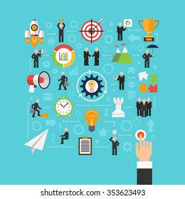 Ilustración de concepto de inicio de negocio en estilo plano. Esquema con elementos infográficos: humanos, iconos, engranajes. Vector de fondo