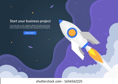 Business start up concept with launching space rocket. Can be used as web banner, background, landing page. Vector illustration. Flat design style.