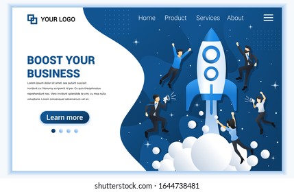 Business start up concept with people flying with a rocket launch to the space. Can use for web banner, infographics, landing page, web template. Vector illustration