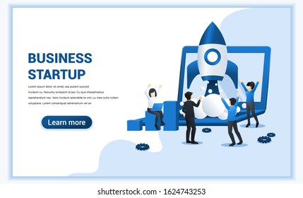 Business start up concept with people work on rocket launch. Can use for web banner, infographics, landing page, web template. Vector illustration