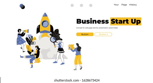 Business Start Up Concept of business project startup process, idea through planning and strategy, time management, realization. Vector illustration for web page, banner, presentation, social media.