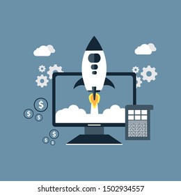 Business start up concept with rocket. Flat design vector illustration with humans, gears and development icons.