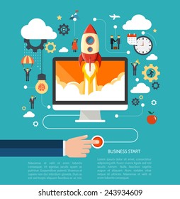 Business start up concept with rocket. Flat design vector illustration with humans, gears and development icons. 