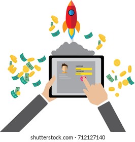 Business start up concept with rocket. Flat design vector illustration with humans, gears and development 
