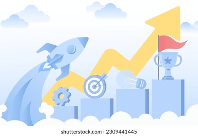 Business start up concept. Rocket launching into the sky to achieve success. Management, improvement, and strategy development. Aim for new achievement. Flat vector illustration.