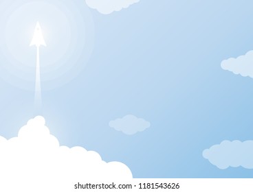 Business start up concept with rocket ship flying from clouds and blue sky background.Vector illustration.