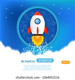 Business start up concept, space with stars, clouds and rocket launch, simple icons