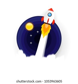 Business start up concept, space with sun, stars, clouds and rocket launch