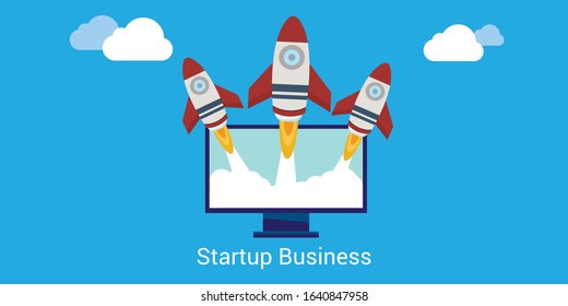 Business start up concept template with realistic computer and flat cartoon rocket flying out of the desktop screen
