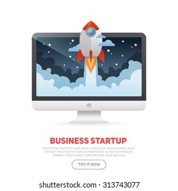 Business start up concept template with realistic desktop monoblock PC and flat cartoon rocket flying out of the display screen, isolated on white banner