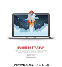 Business start up concept template with realistic laptop and flat cartoon rocket flying out of the desktop screen, isolated on white banner