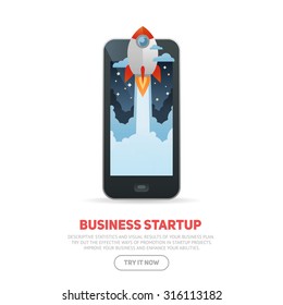 Business start up concept template with realistic smart phone and flat cartoon rocket flying out of the desktop screen, isolated on white banner