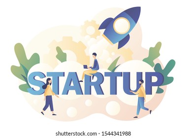 Business Start Up concept. Tiny people working on launching a spaceship. Teamwork.  Modern flat cartoon style. Vector illustration