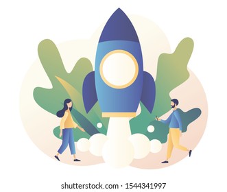 Business Start Up concept. Tiny people working on launching a spaceship. Teamwork.  Modern flat cartoon style. Vector illustration