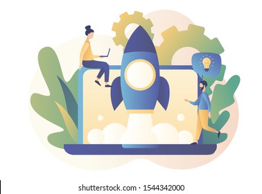 Business Start Up concept. Tiny people working on launching a spaceship. Teamwork.  Modern flat cartoon style. Vector illustration