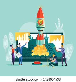Business start up concept vector illustration. Open laptop, rocket taking off from it and team work on control, worker pushing start button. Spaceship launching is metaphor for new project beginning
