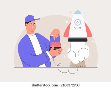 Business start up concept vector illustration. Business man hand push rocket button. Vision statement, business growth metaphors, product strategy. Flat style vector illustration.