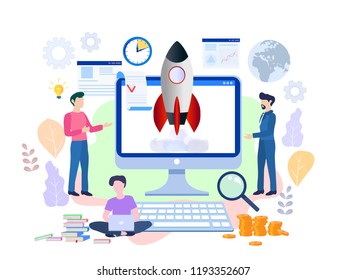 Business Start Up Concept for web page, banner, presentation, social media. Vector illustration, business project startup process, idea through planning and strategy, time management, realization
